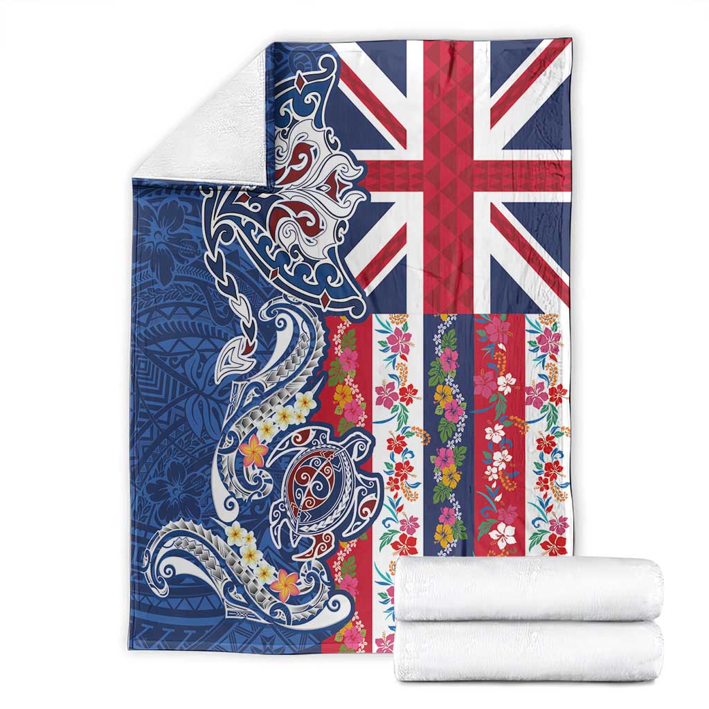 Hawaiian Manta Ray and Turtle Tribal Tattoo Blanket With Hawaii Flag and Flowers