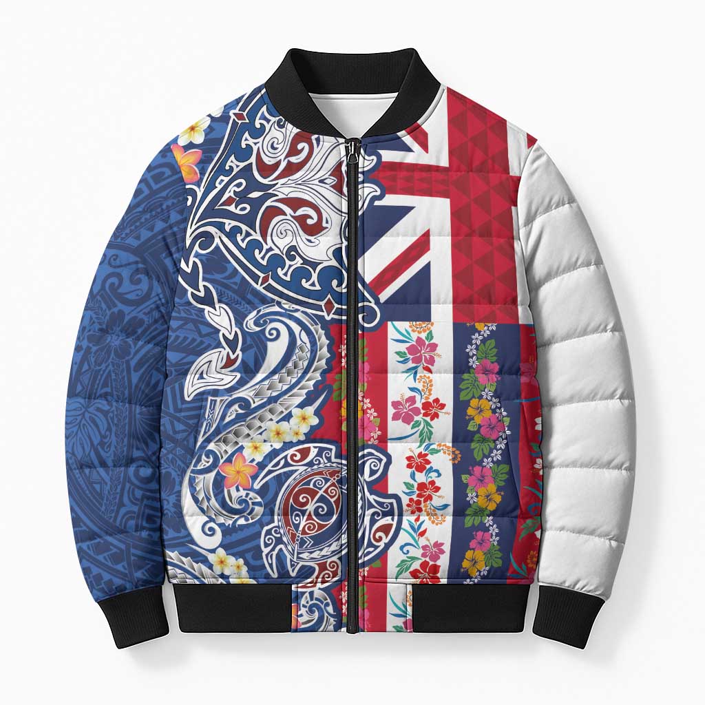 Hawaiian Manta Ray and Turtle Tribal Tattoo Bomber Puffer Jacket With Hawaii Flag and Flowers LT03 Unisex Multicolor - Polynesian Pride