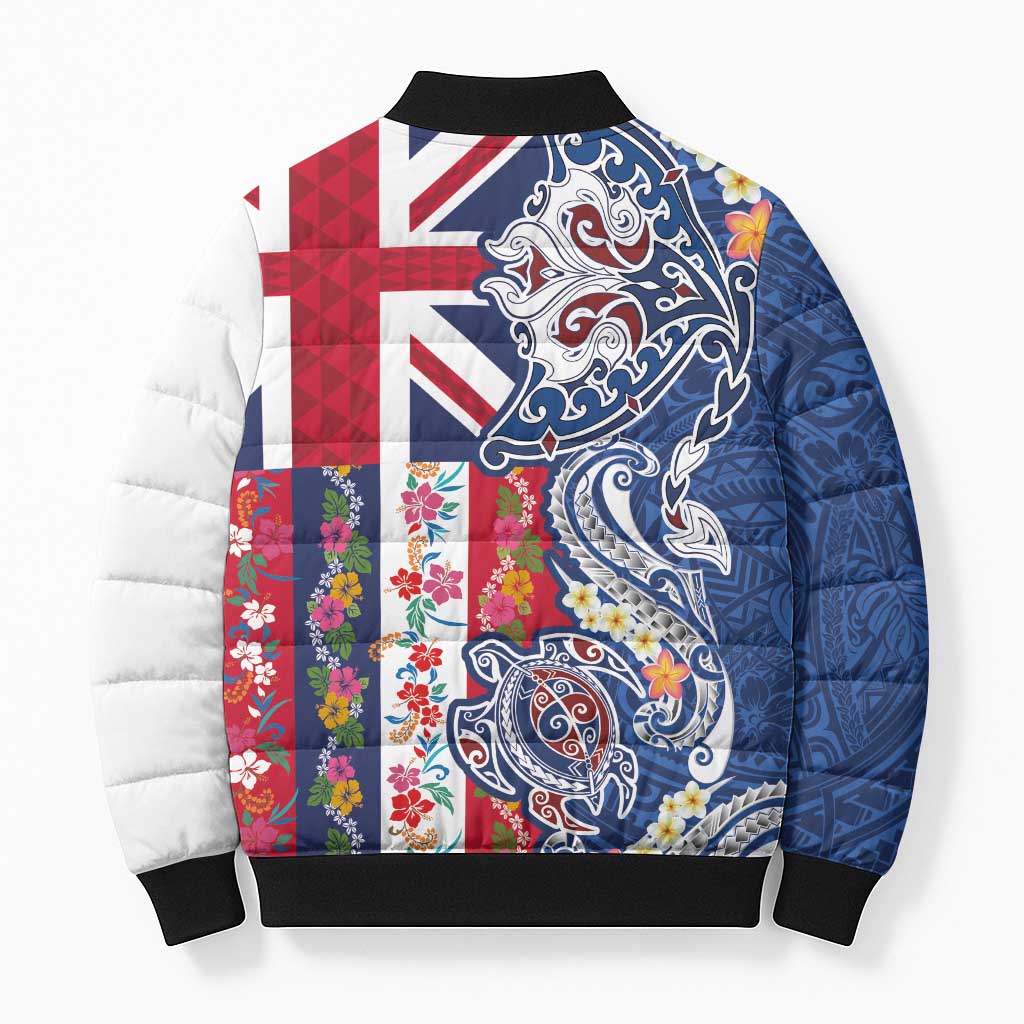 Hawaiian Manta Ray and Turtle Tribal Tattoo Bomber Puffer Jacket With Hawaii Flag and Flowers LT03 - Polynesian Pride