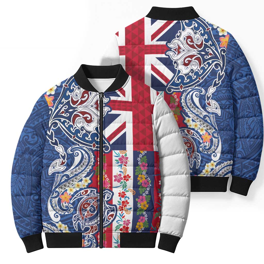 Hawaiian Manta Ray and Turtle Tribal Tattoo Bomber Puffer Jacket With Hawaii Flag and Flowers LT03 - Polynesian Pride