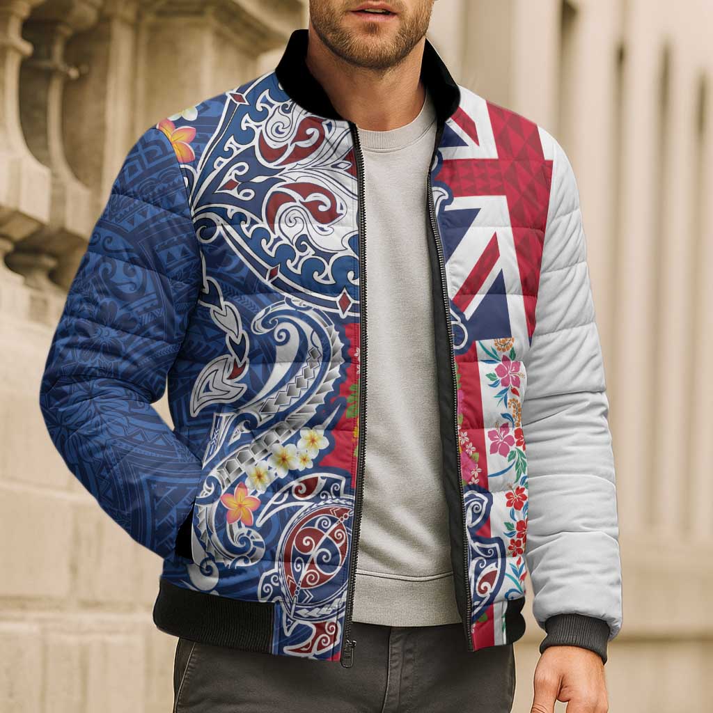 Hawaiian Manta Ray and Turtle Tribal Tattoo Bomber Puffer Jacket With Hawaii Flag and Flowers LT03 - Polynesian Pride