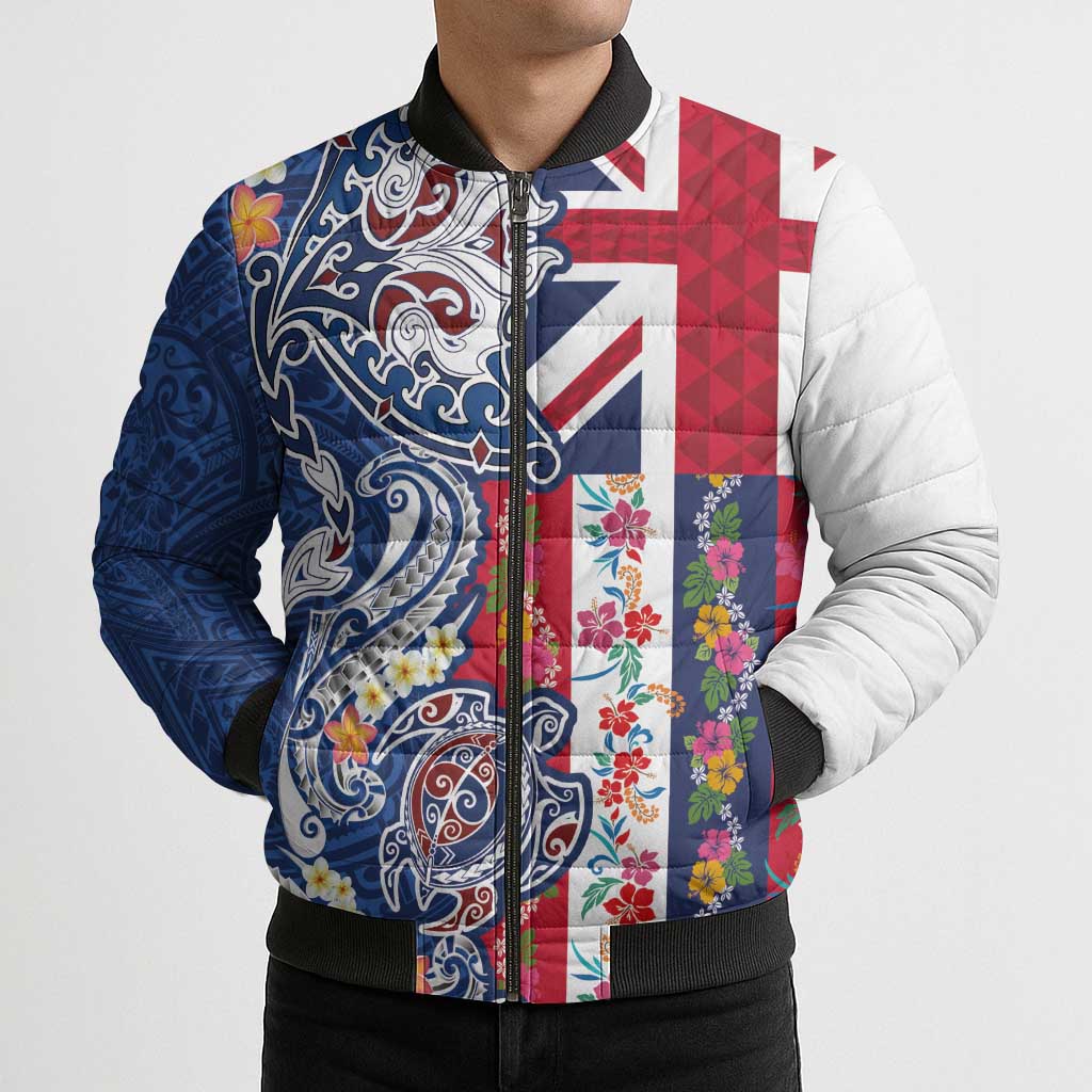 Hawaiian Manta Ray and Turtle Tribal Tattoo Bomber Puffer Jacket With Hawaii Flag and Flowers LT03 - Polynesian Pride