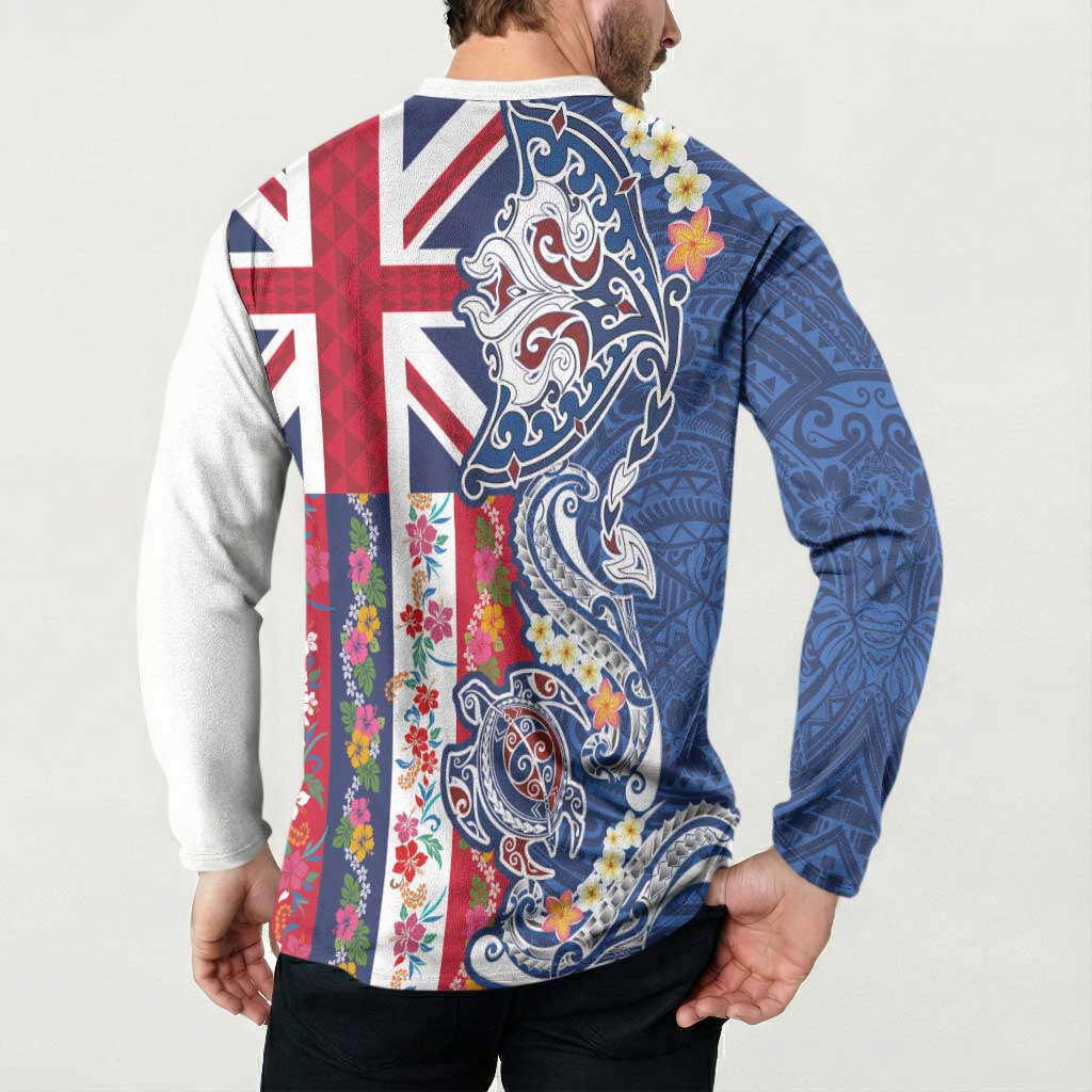 Hawaiian Manta Ray and Turtle Tribal Tattoo Button Sweatshirt With Hawaii Flag and Flowers