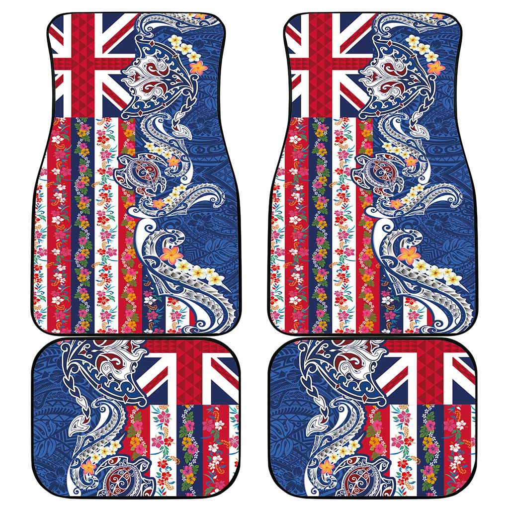 Hawaiian Manta Ray and Turtle Tribal Tattoo Car Mats With Hawaii Flag and Flowers