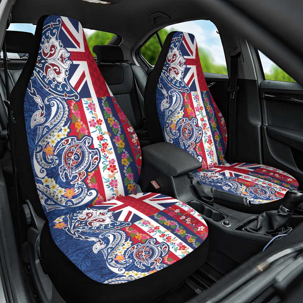 Hawaiian Manta Ray and Turtle Tribal Tattoo Car Seat Cover With Hawaii Flag and Flowers
