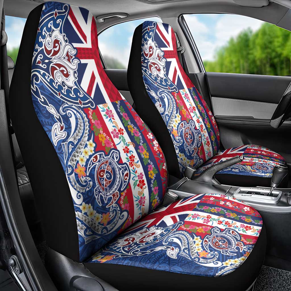 Hawaiian Manta Ray and Turtle Tribal Tattoo Car Seat Cover With Hawaii Flag and Flowers
