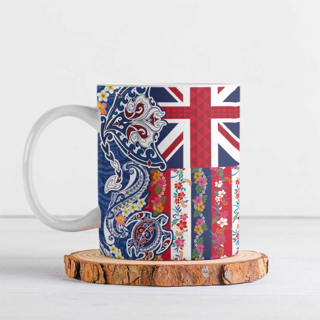 Hawaiian Manta Ray and Turtle Tribal Tattoo Ceramic Mug With Hawaii Flag and Flowers