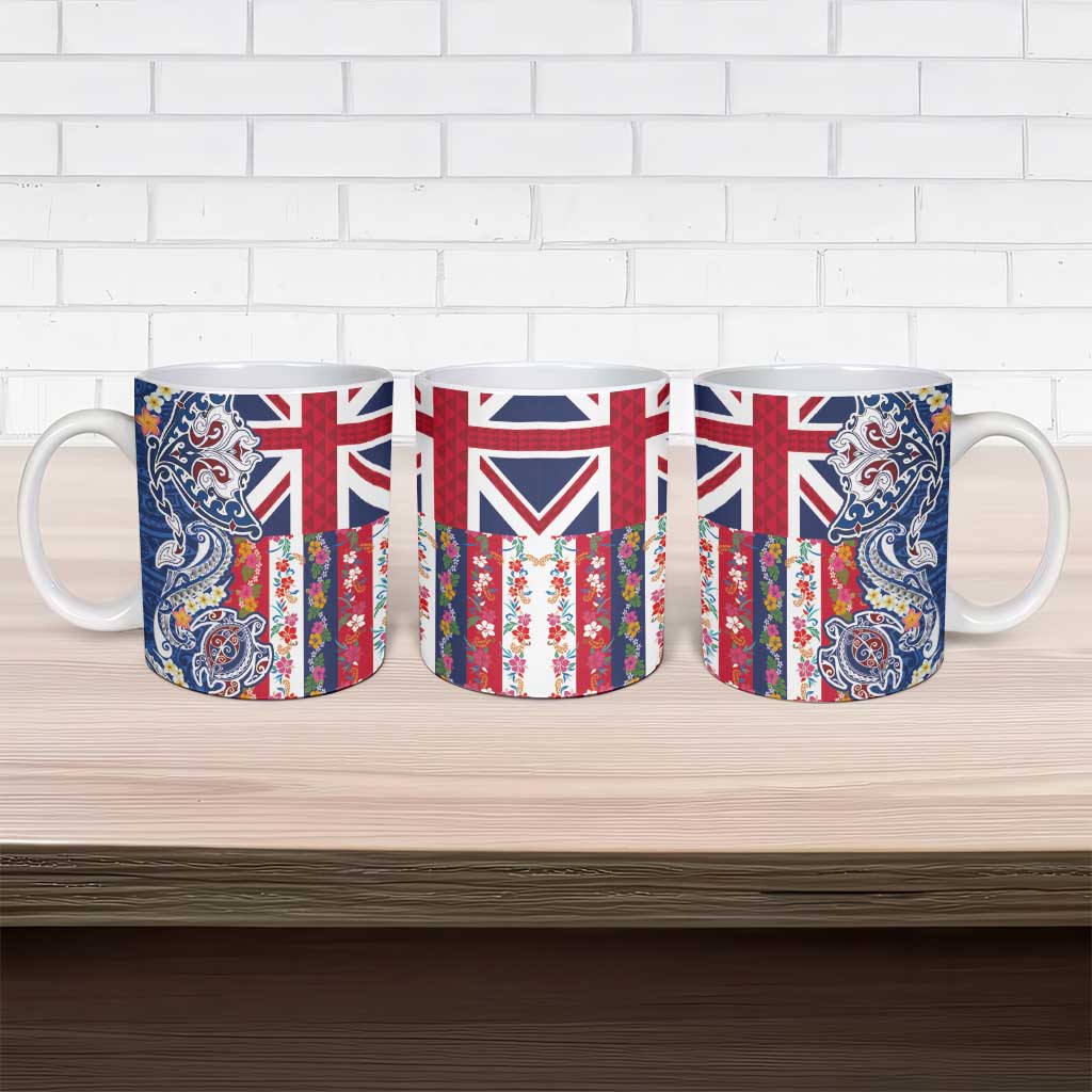 Hawaiian Manta Ray and Turtle Tribal Tattoo Ceramic Mug With Hawaii Flag and Flowers