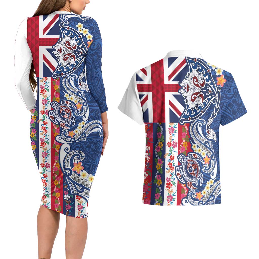 Hawaiian Manta Ray and Turtle Tribal Tattoo Couples Matching Long Sleeve Bodycon Dress and Hawaiian Shirt With Hawaii Flag and Flowers