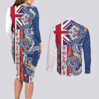 Hawaiian Manta Ray and Turtle Tribal Tattoo Couples Matching Long Sleeve Bodycon Dress and Long Sleeve Button Shirt With Hawaii Flag and Flowers