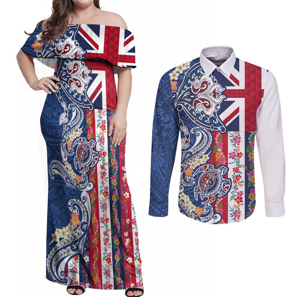 Hawaiian Manta Ray and Turtle Tribal Tattoo Couples Matching Off Shoulder Maxi Dress and Long Sleeve Button Shirt With Hawaii Flag and Flowers