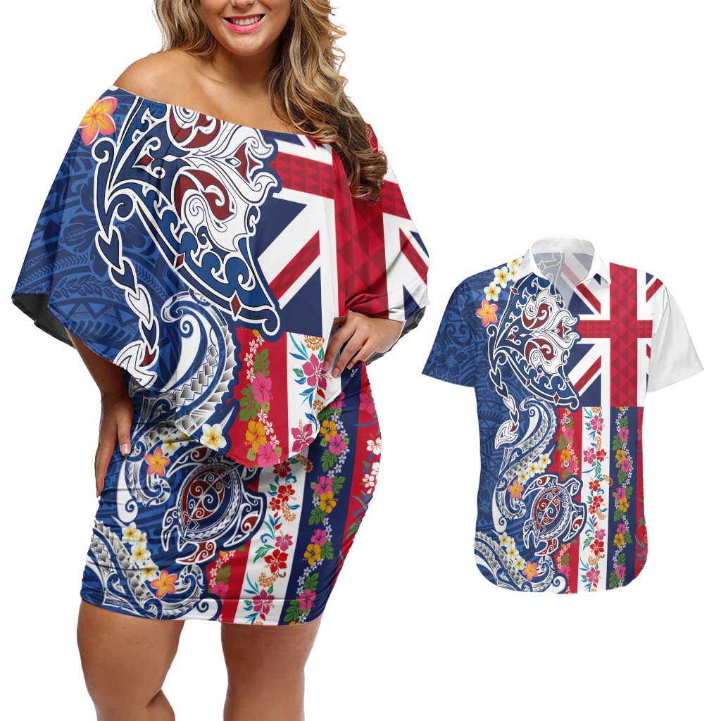 Hawaiian Manta Ray and Turtle Tribal Tattoo Couples Matching Off Shoulder Short Dress and Hawaiian Shirt With Hawaii Flag and Flowers