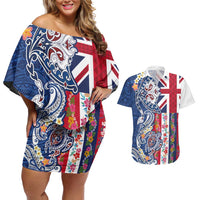 Hawaiian Manta Ray and Turtle Tribal Tattoo Couples Matching Off Shoulder Short Dress and Hawaiian Shirt With Hawaii Flag and Flowers