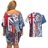 Hawaiian Manta Ray and Turtle Tribal Tattoo Couples Matching Off Shoulder Short Dress and Hawaiian Shirt With Hawaii Flag and Flowers