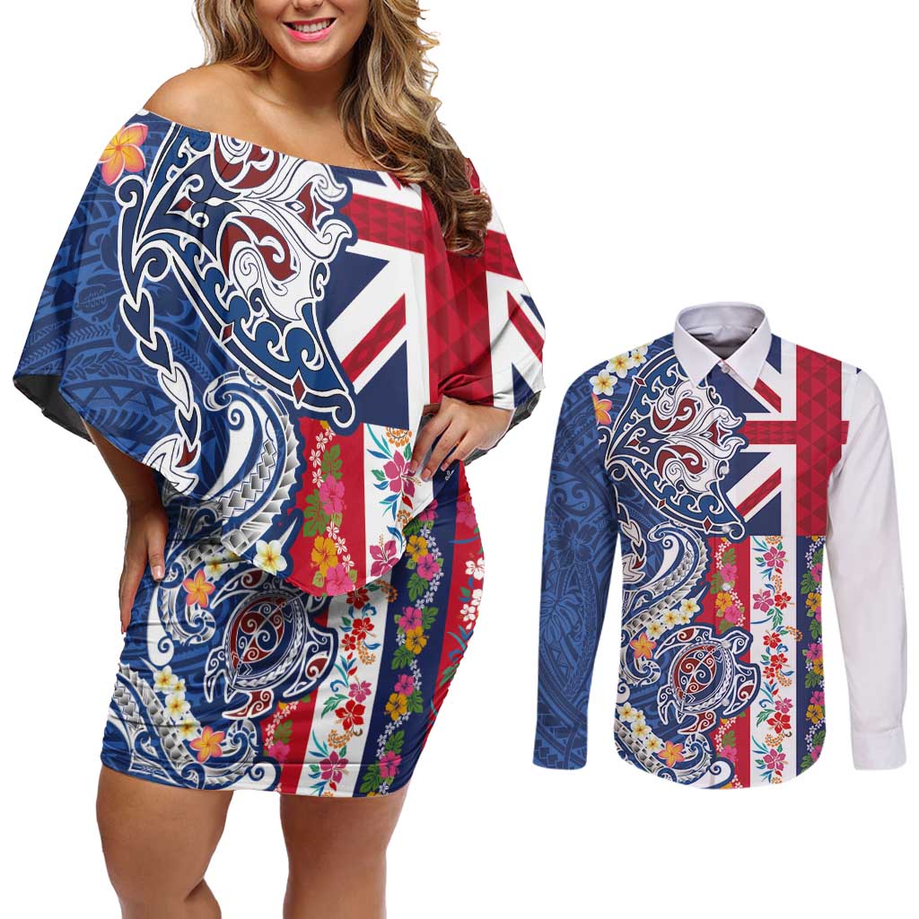 Hawaiian Manta Ray and Turtle Tribal Tattoo Couples Matching Off Shoulder Short Dress and Long Sleeve Button Shirt With Hawaii Flag and Flowers