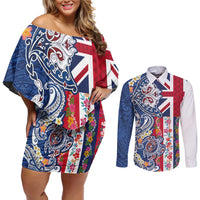 Hawaiian Manta Ray and Turtle Tribal Tattoo Couples Matching Off Shoulder Short Dress and Long Sleeve Button Shirt With Hawaii Flag and Flowers