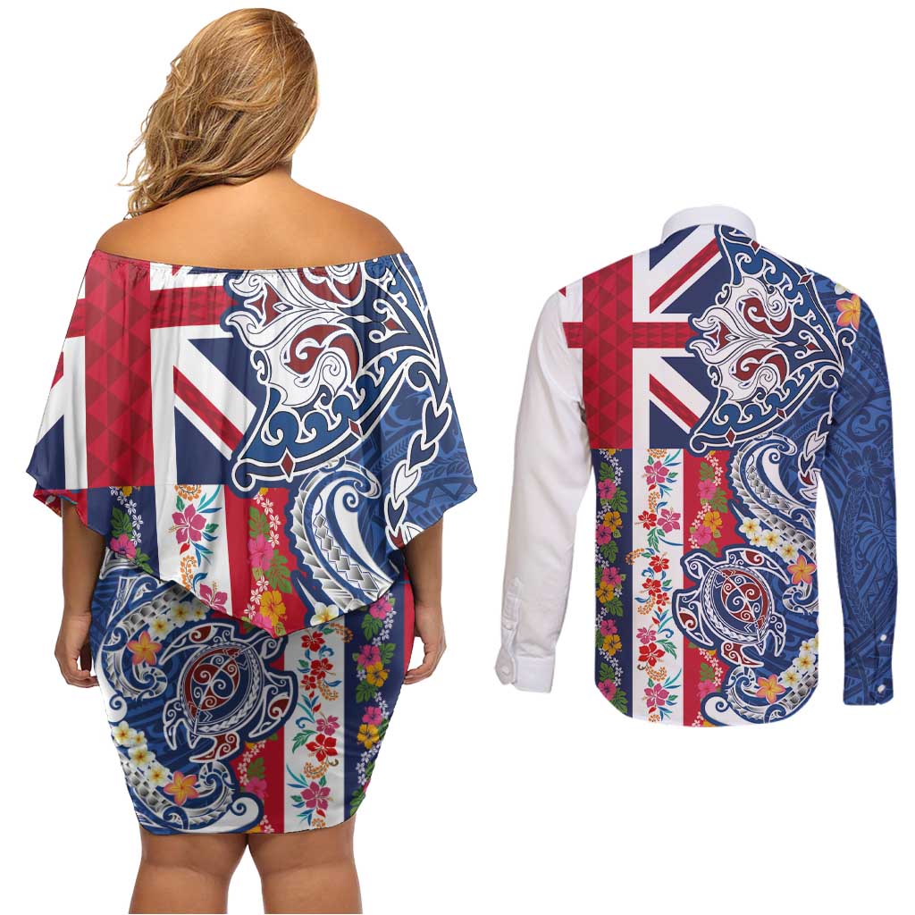 Hawaiian Manta Ray and Turtle Tribal Tattoo Couples Matching Off Shoulder Short Dress and Long Sleeve Button Shirt With Hawaii Flag and Flowers