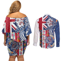 Hawaiian Manta Ray and Turtle Tribal Tattoo Couples Matching Off Shoulder Short Dress and Long Sleeve Button Shirt With Hawaii Flag and Flowers