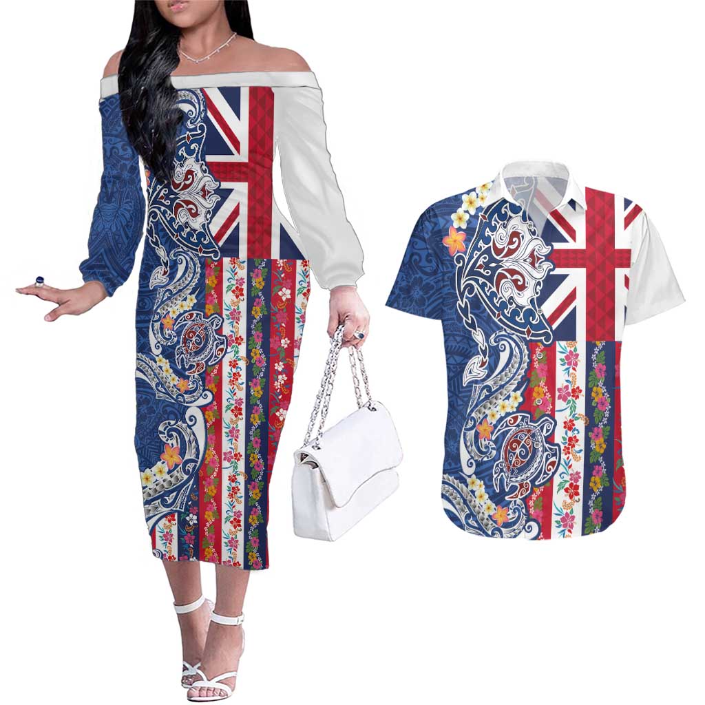 Hawaiian Manta Ray and Turtle Tribal Tattoo Couples Matching Off The Shoulder Long Sleeve Dress and Hawaiian Shirt With Hawaii Flag and Flowers