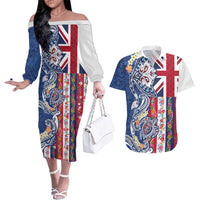 Hawaiian Manta Ray and Turtle Tribal Tattoo Couples Matching Off The Shoulder Long Sleeve Dress and Hawaiian Shirt With Hawaii Flag and Flowers