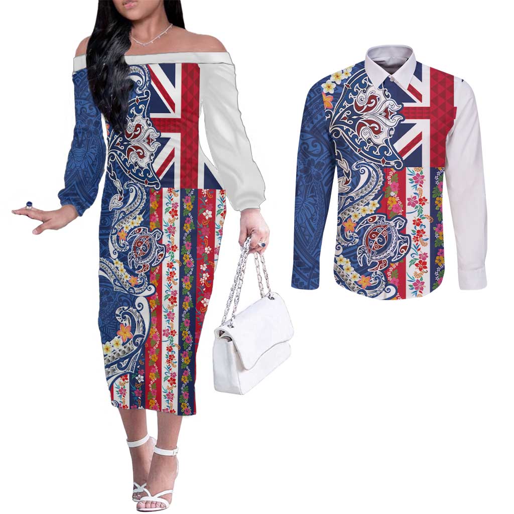 Hawaiian Manta Ray and Turtle Tribal Tattoo Couples Matching Off The Shoulder Long Sleeve Dress and Long Sleeve Button Shirt With Hawaii Flag and Flowers