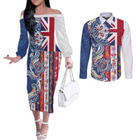 Hawaiian Manta Ray and Turtle Tribal Tattoo Couples Matching Off The Shoulder Long Sleeve Dress and Long Sleeve Button Shirt With Hawaii Flag and Flowers
