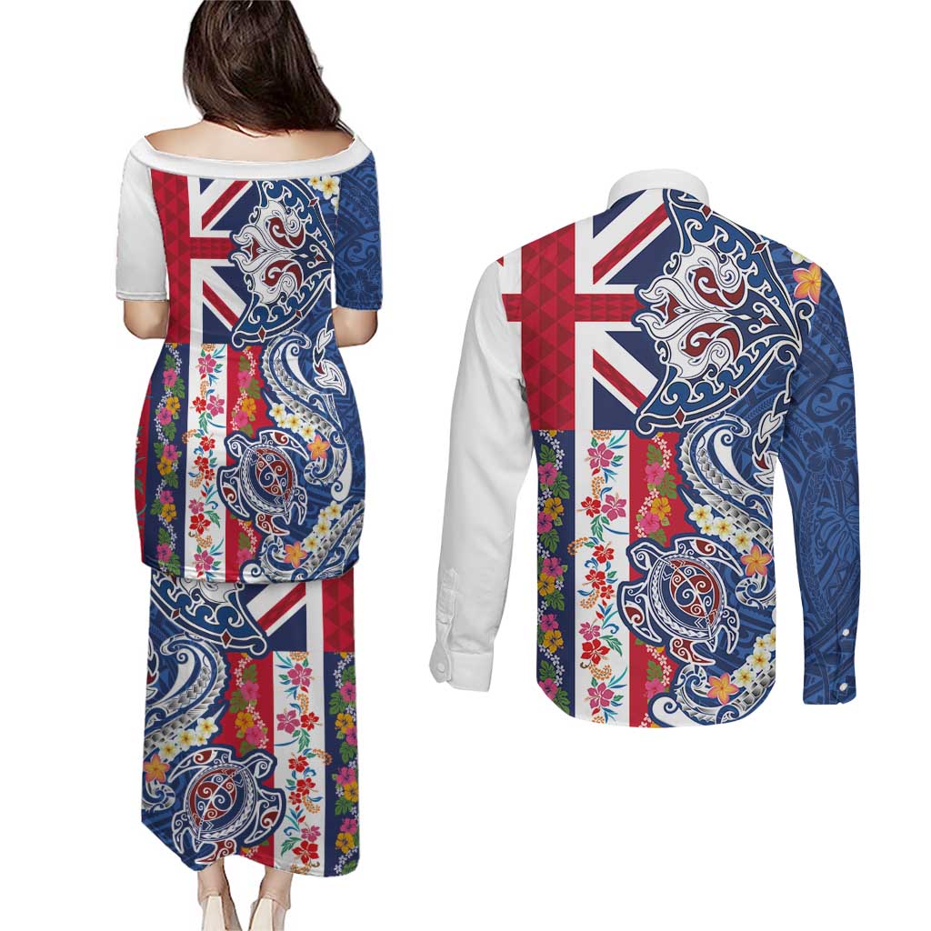 Hawaiian Manta Ray and Turtle Tribal Tattoo Couples Matching Puletasi and Long Sleeve Button Shirt With Hawaii Flag and Flowers