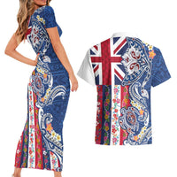 Hawaiian Manta Ray and Turtle Tribal Tattoo Couples Matching Short Sleeve Bodycon Dress and Hawaiian Shirt With Hawaii Flag and Flowers
