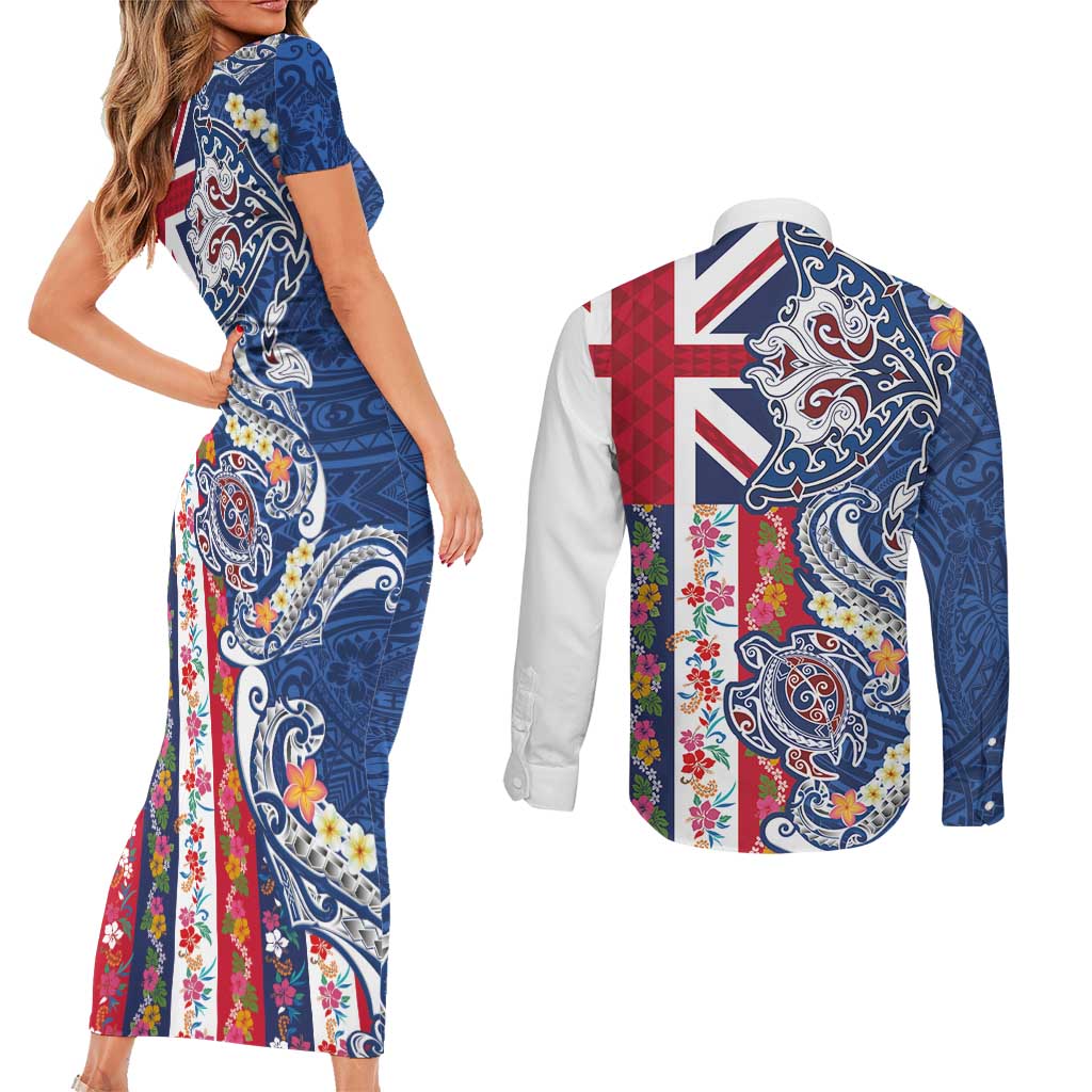 Hawaiian Manta Ray and Turtle Tribal Tattoo Couples Matching Short Sleeve Bodycon Dress and Long Sleeve Button Shirt With Hawaii Flag and Flowers