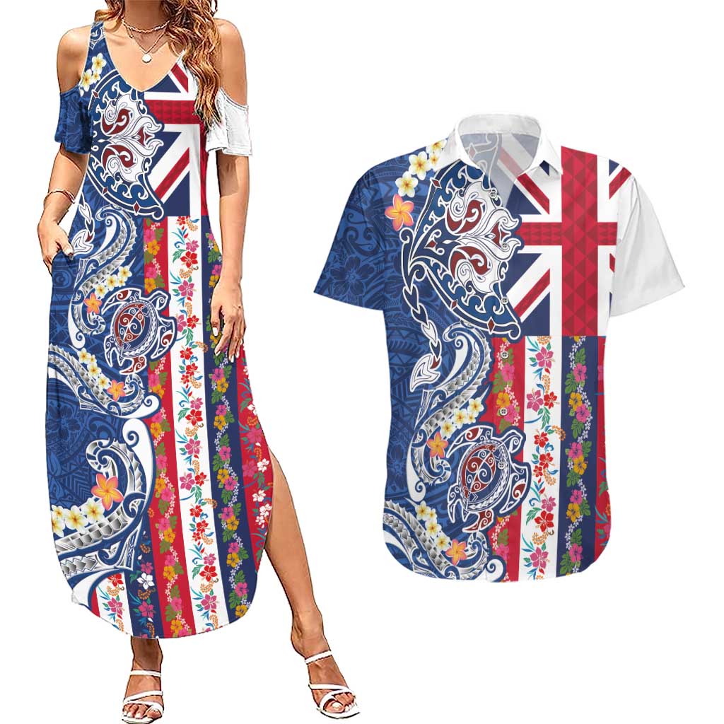 Hawaiian Manta Ray and Turtle Tribal Tattoo Couples Matching Summer Maxi Dress and Hawaiian Shirt With Hawaii Flag and Flowers