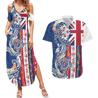Hawaiian Manta Ray and Turtle Tribal Tattoo Couples Matching Summer Maxi Dress and Hawaiian Shirt With Hawaii Flag and Flowers