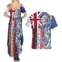 Hawaiian Manta Ray and Turtle Tribal Tattoo Couples Matching Summer Maxi Dress and Hawaiian Shirt With Hawaii Flag and Flowers