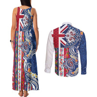 Hawaiian Manta Ray and Turtle Tribal Tattoo Couples Matching Tank Maxi Dress and Long Sleeve Button Shirt With Hawaii Flag and Flowers