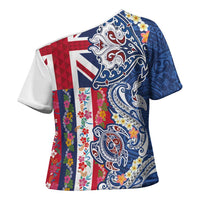 Hawaiian Manta Ray and Turtle Tribal Tattoo Cross Shoulder Shirt With Hawaii Flag and Flowers