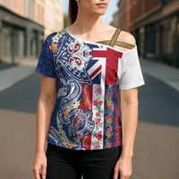 Hawaiian Manta Ray and Turtle Tribal Tattoo Cross Shoulder Shirt With Hawaii Flag and Flowers