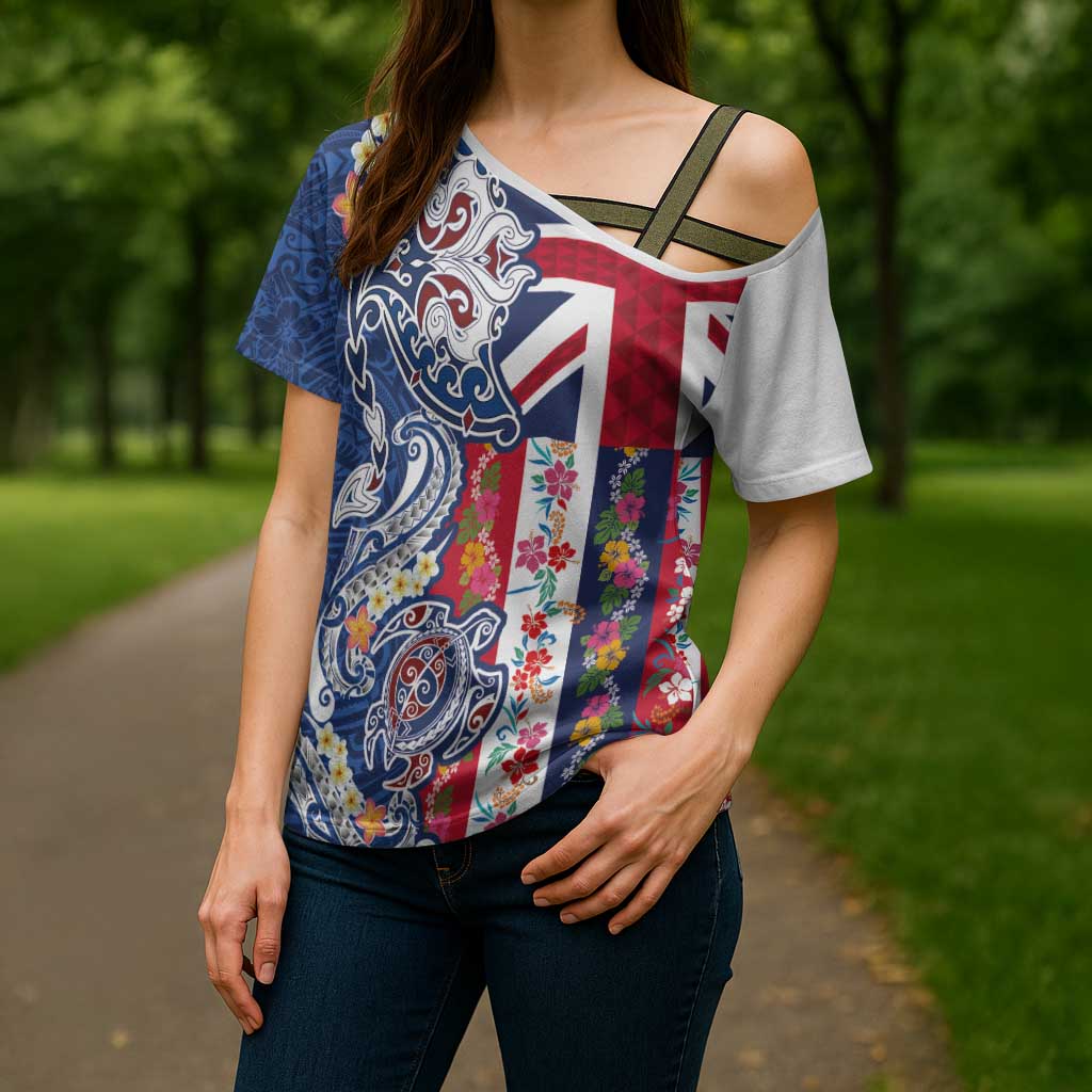 Hawaiian Manta Ray and Turtle Tribal Tattoo Cross Shoulder Shirt With Hawaii Flag and Flowers