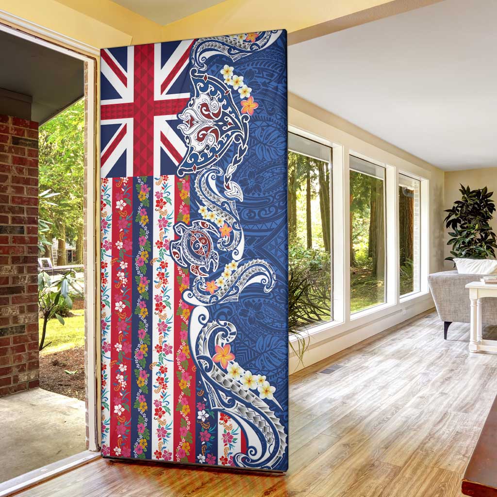 Hawaiian Manta Ray and Turtle Tribal Tattoo Door Cover With Hawaii Flag and Flowers