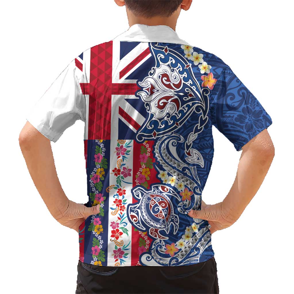 Hawaiian Manta Ray and Turtle Tribal Tattoo Family Matching Long Sleeve Bodycon Dress and Hawaiian Shirt With Hawaii Flag and Flowers LT03 - Polynesian Pride