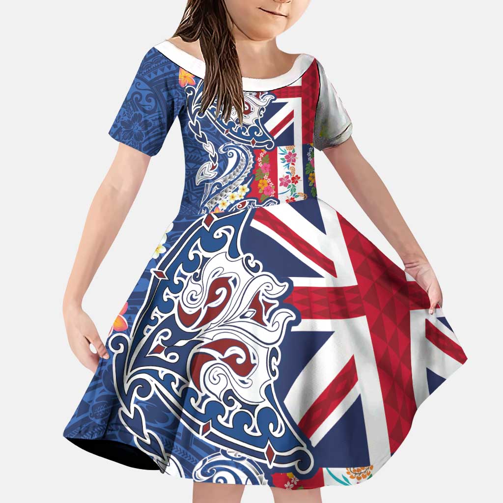 Hawaiian Manta Ray and Turtle Tribal Tattoo Family Matching Long Sleeve Bodycon Dress and Hawaiian Shirt With Hawaii Flag and Flowers LT03 Daughter's Dress Multicolor - Polynesian Pride