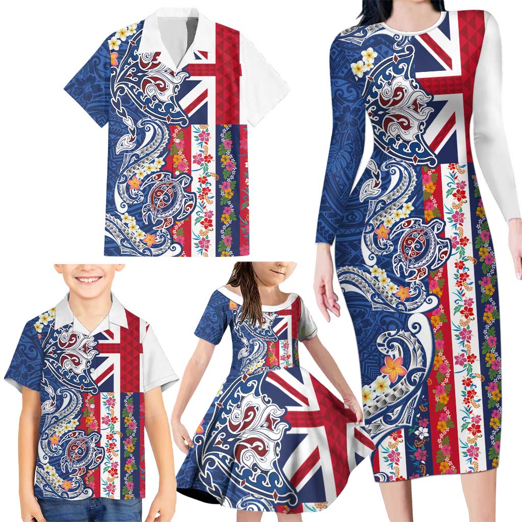 Hawaiian Manta Ray and Turtle Tribal Tattoo Family Matching Long Sleeve Bodycon Dress and Hawaiian Shirt With Hawaii Flag and Flowers LT03 - Polynesian Pride