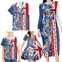 Hawaiian Manta Ray and Turtle Tribal Tattoo Family Matching Long Sleeve Bodycon Dress and Hawaiian Shirt With Hawaii Flag and Flowers LT03 - Polynesian Pride