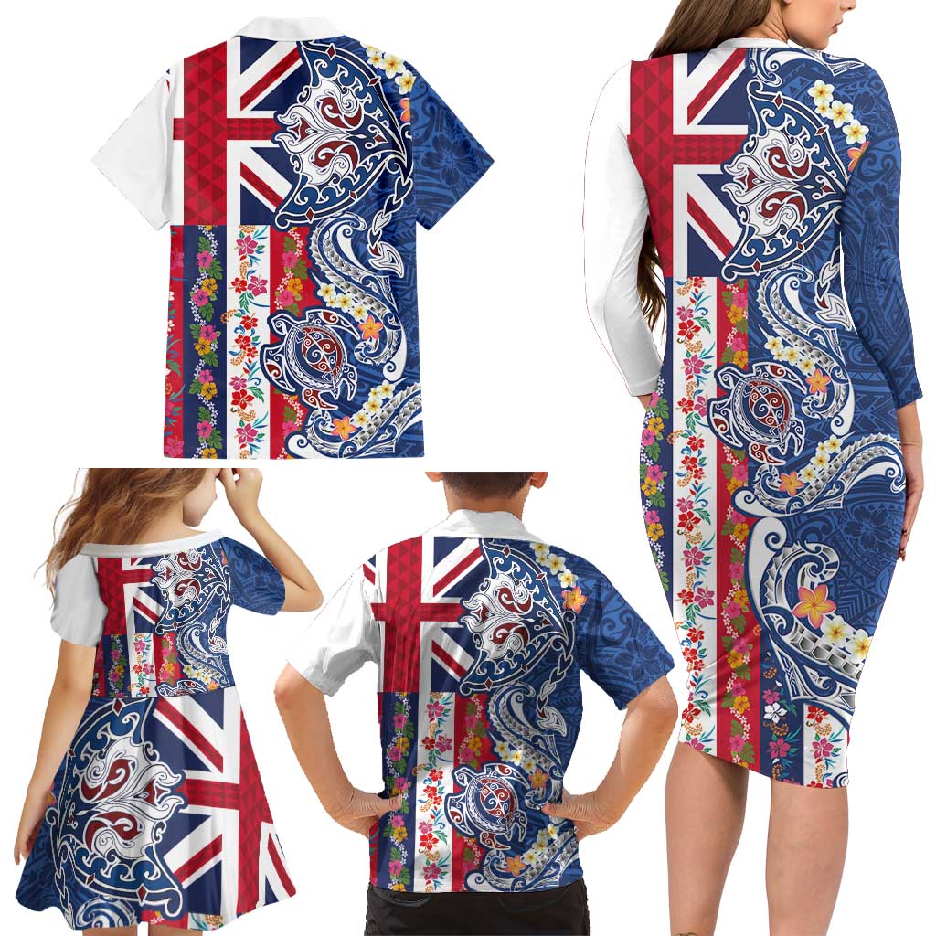 Hawaiian Manta Ray and Turtle Tribal Tattoo Family Matching Long Sleeve Bodycon Dress and Hawaiian Shirt With Hawaii Flag and Flowers LT03 - Polynesian Pride