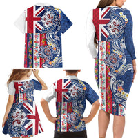 Hawaiian Manta Ray and Turtle Tribal Tattoo Family Matching Long Sleeve Bodycon Dress and Hawaiian Shirt With Hawaii Flag and Flowers LT03 - Polynesian Pride
