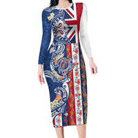 Hawaiian Manta Ray and Turtle Tribal Tattoo Family Matching Long Sleeve Bodycon Dress and Hawaiian Shirt With Hawaii Flag and Flowers LT03 Mom's Dress Multicolor - Polynesian Pride