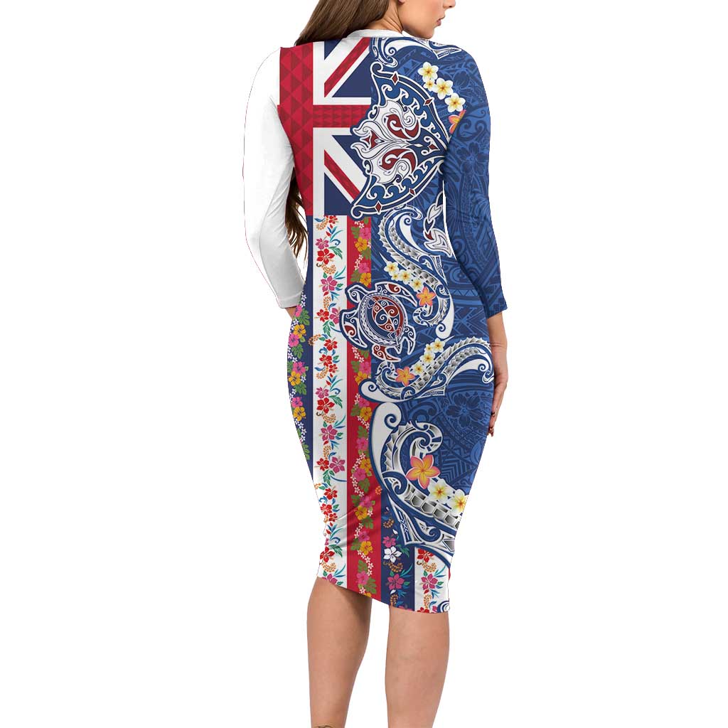 Hawaiian Manta Ray and Turtle Tribal Tattoo Family Matching Long Sleeve Bodycon Dress and Hawaiian Shirt With Hawaii Flag and Flowers LT03 - Polynesian Pride