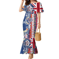 Hawaiian Manta Ray and Turtle Tribal Tattoo Family Matching Mermaid Dress and Hawaiian Shirt With Hawaii Flag and Flowers