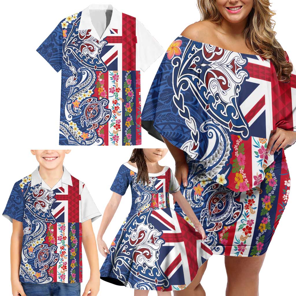 Hawaiian Manta Ray and Turtle Tribal Tattoo Family Matching Off Shoulder Short Dress and Hawaiian Shirt With Hawaii Flag and Flowers