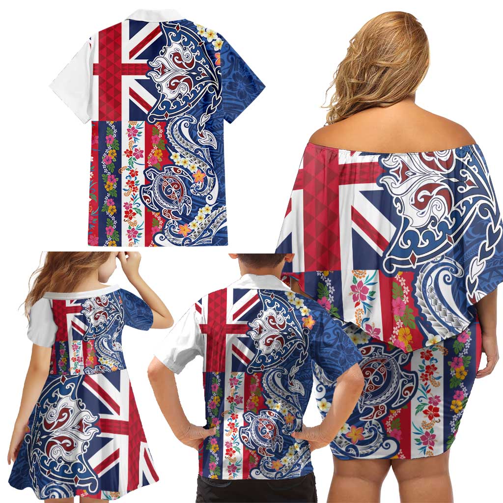 Hawaiian Manta Ray and Turtle Tribal Tattoo Family Matching Off Shoulder Short Dress and Hawaiian Shirt With Hawaii Flag and Flowers