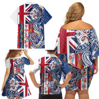 Hawaiian Manta Ray and Turtle Tribal Tattoo Family Matching Off Shoulder Short Dress and Hawaiian Shirt With Hawaii Flag and Flowers