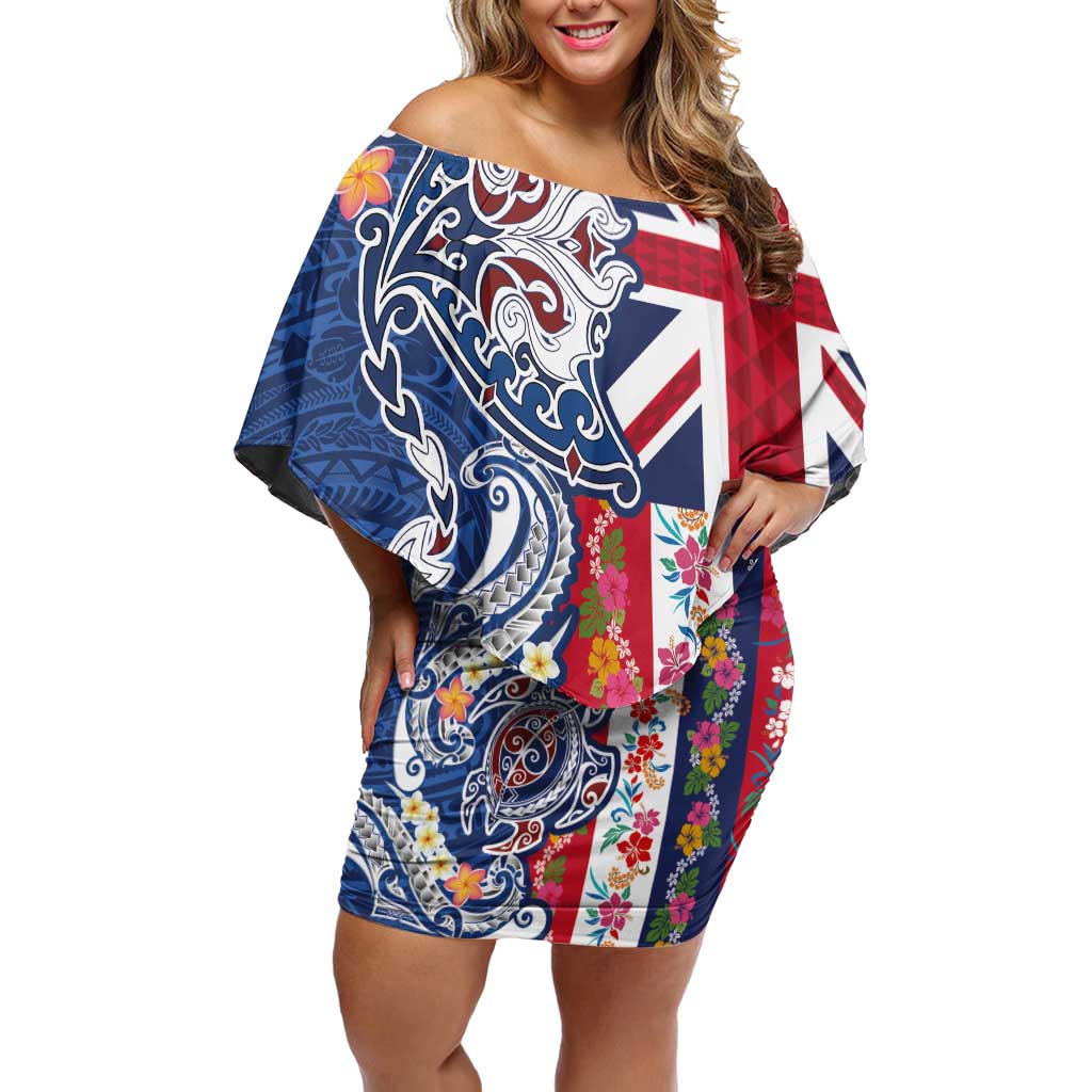 Hawaiian Manta Ray and Turtle Tribal Tattoo Family Matching Off Shoulder Short Dress and Hawaiian Shirt With Hawaii Flag and Flowers